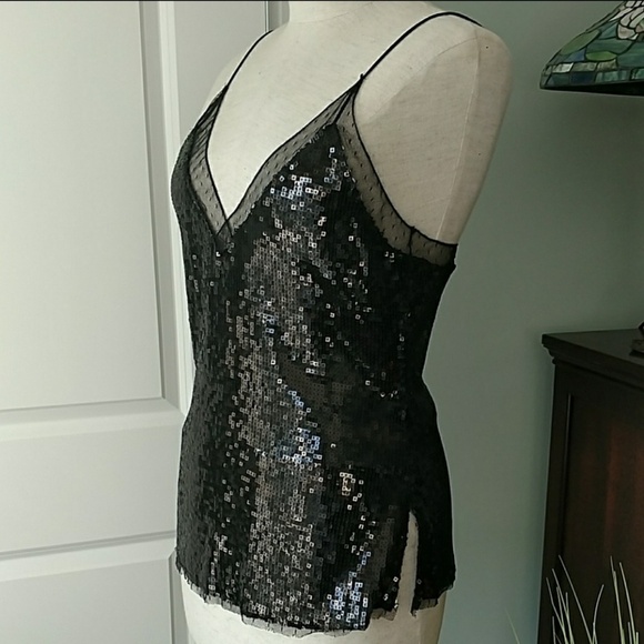 Free People Top Sleeveless Sequins V-Neck Sleeveless Mesh Trim Black S NWT - Picture 3 of 8